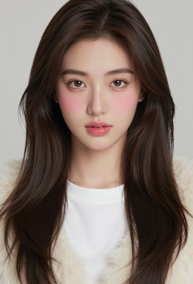 Woman with long dark hair and pink blush wearing a white t-shirt and fur coat