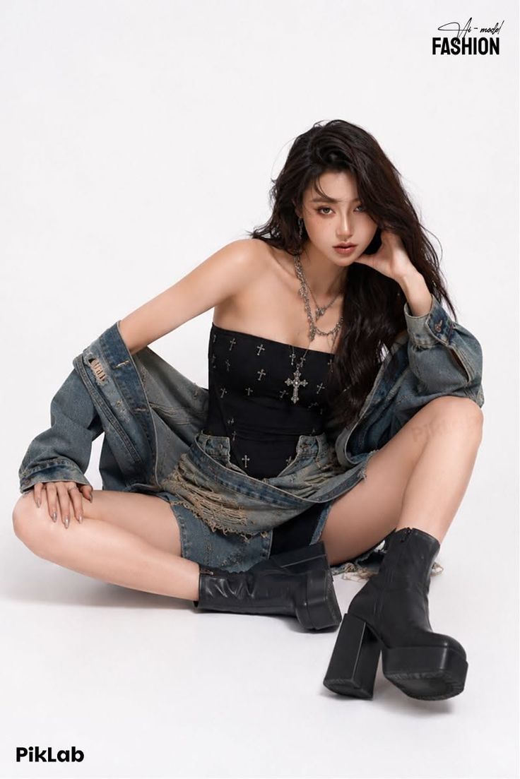 Woman in a black tube top and distressed denim jacket with platform boots