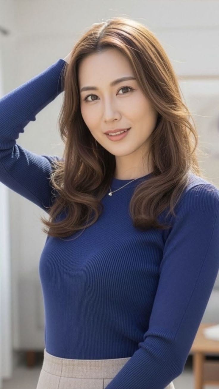 Woman with long brown hair wearing a blue ribbed top and silver necklace