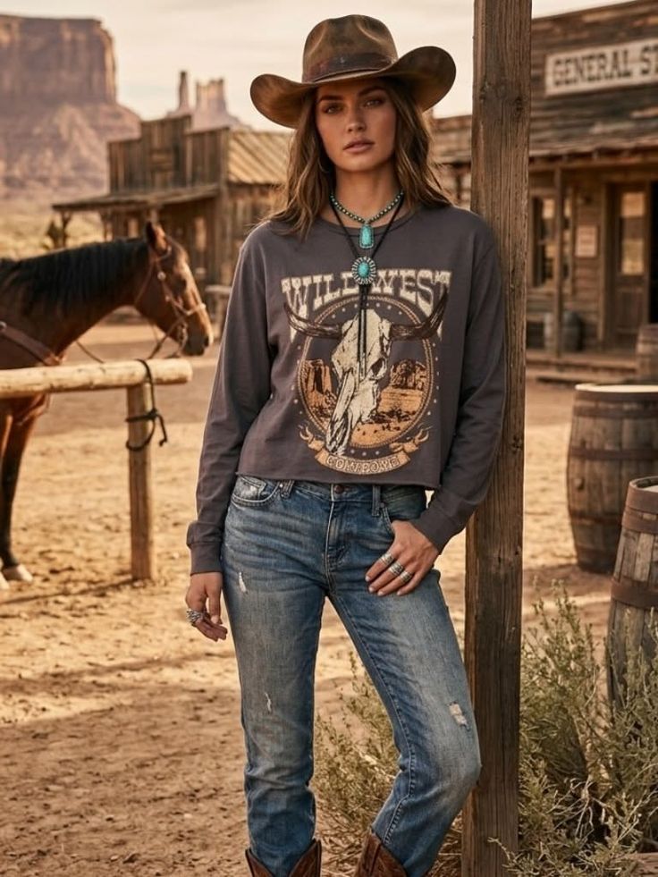 Woman in a cowboy hat and bolo tie in a western-themed outdoor setting with a horse