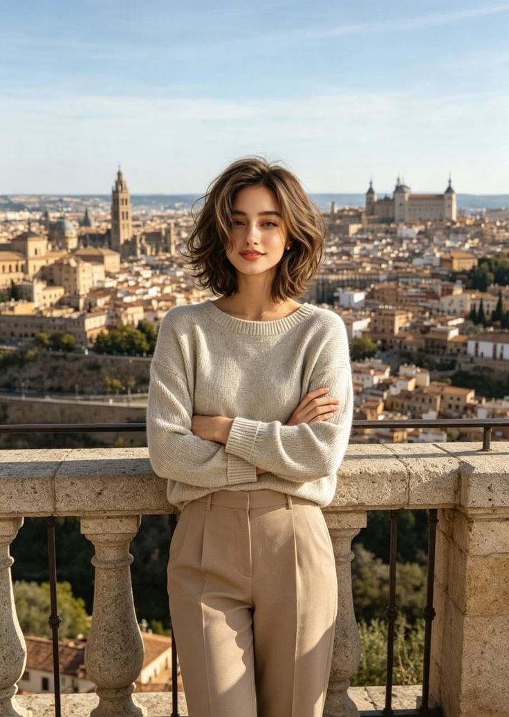 Woman with short hair in a sweater and khaki pants overlooking a cityscape
