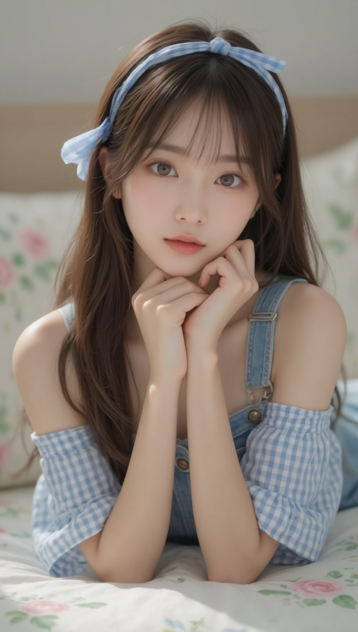 Young woman with long hair and a blue headband, wearing a gingham top and denim overalls