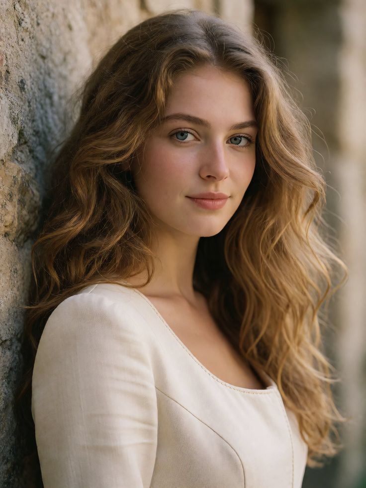 Woman with long wavy hair and blue eyes wearing a light colored dress outdoors