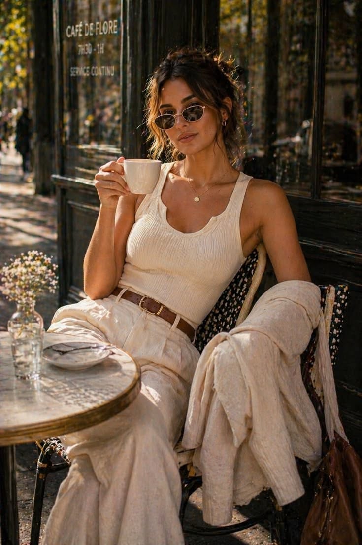 Woman in sunglasses and a white tank top sitting at an outdoor cafe