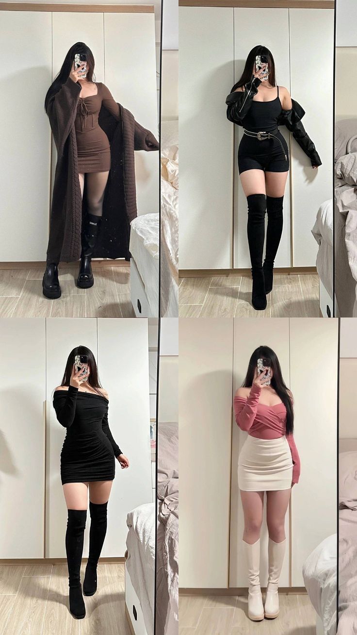 Woman posing in various outfits in front of a mirror