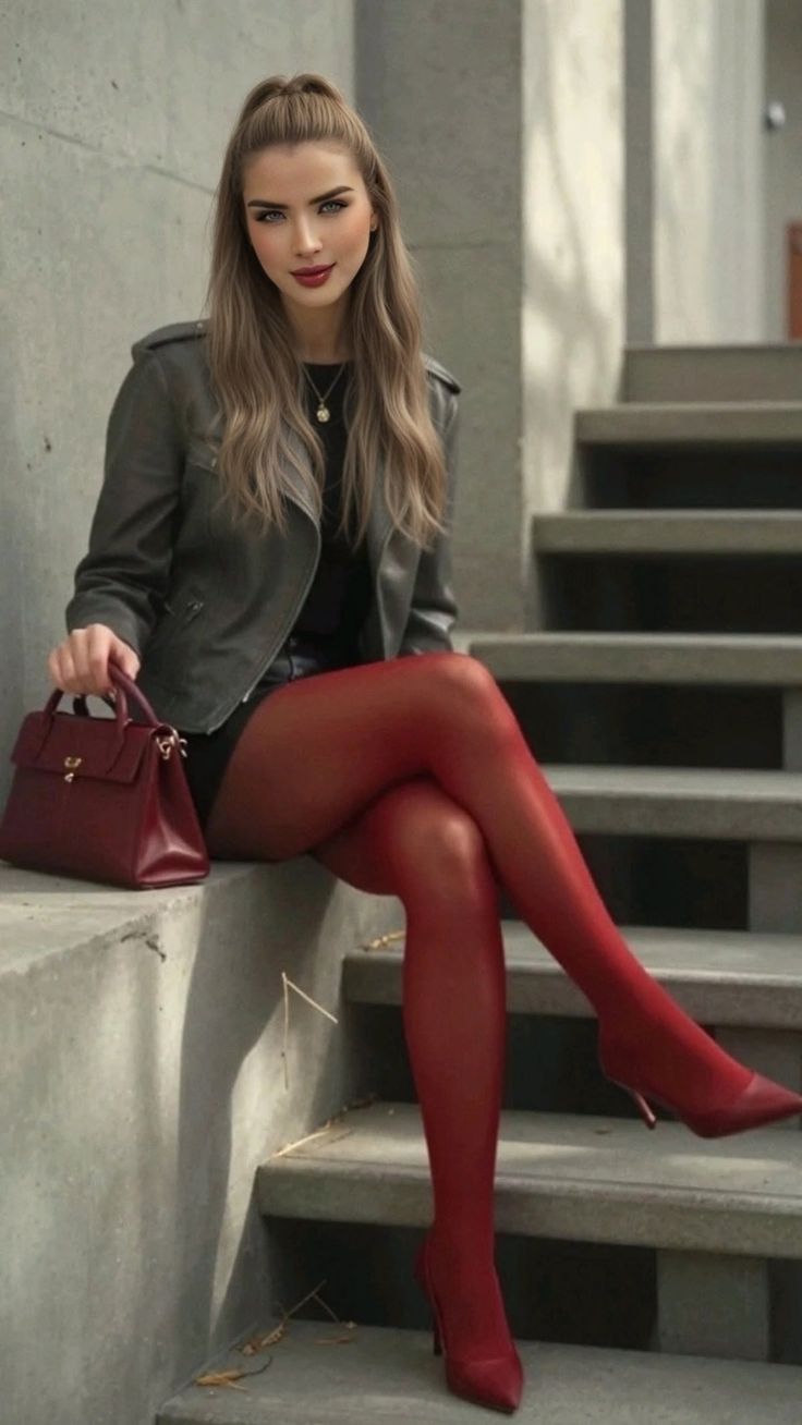 Woman in a leather jacket and red tights sitting on concrete steps
