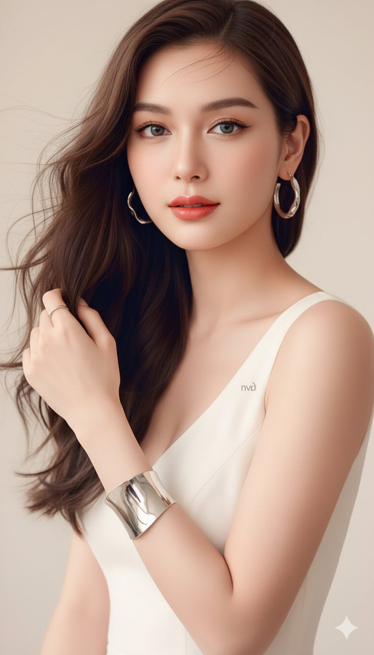 Woman with long brown hair wearing a white dress and silver jewelry