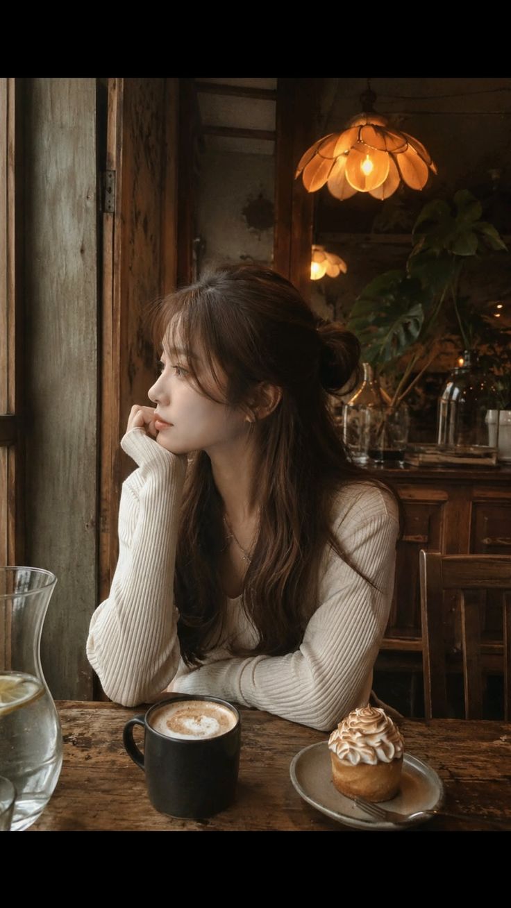 Woman with long hair sitting at a cafe table with coffee and dessert