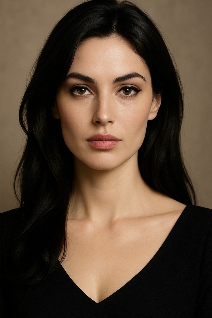 Woman with long black hair wearing a black v-neck top