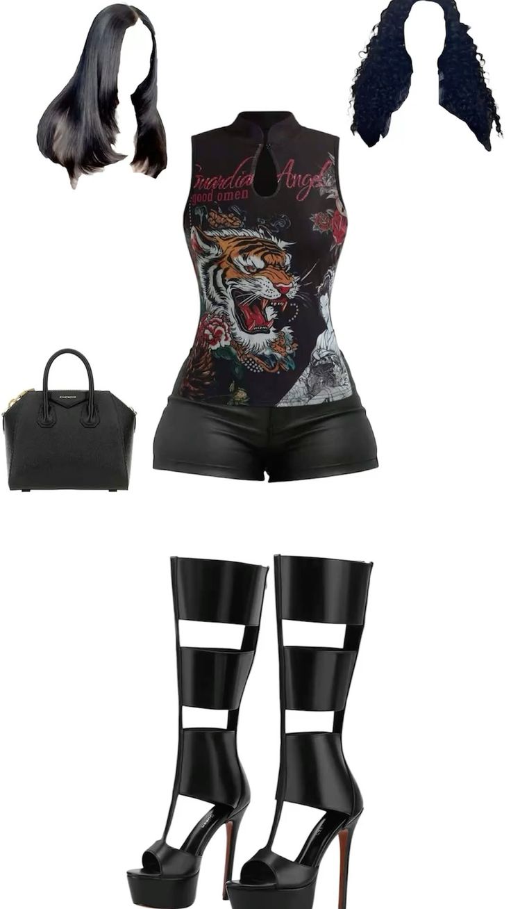 Fashion flat lay with a tiger print top, leather shorts, and high heel boots