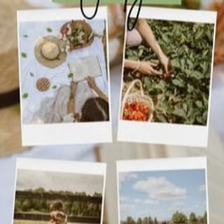 Collage of summer activities including a picnic and strawberry picking