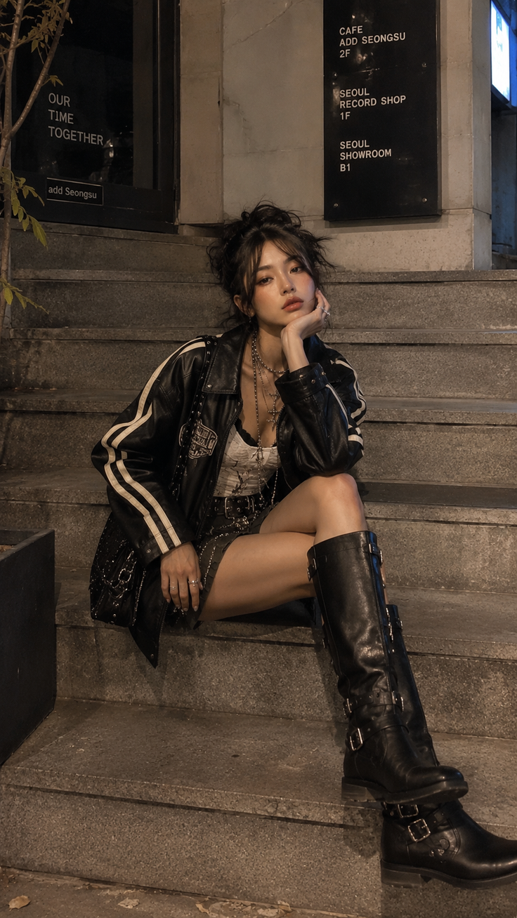 Woman in a leather jacket and long boots sitting on outdoor stairs