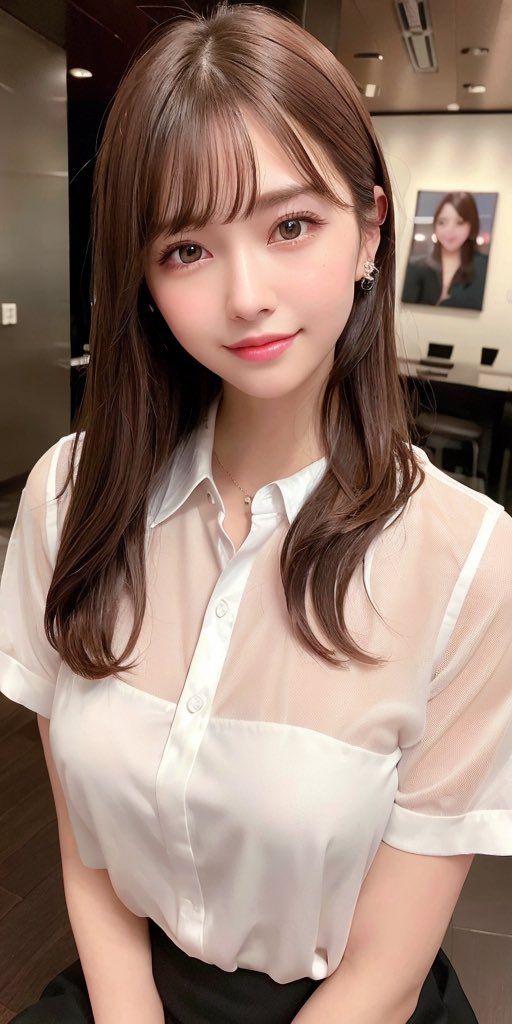 Woman with long brown hair wearing a sheer white shirt indoors