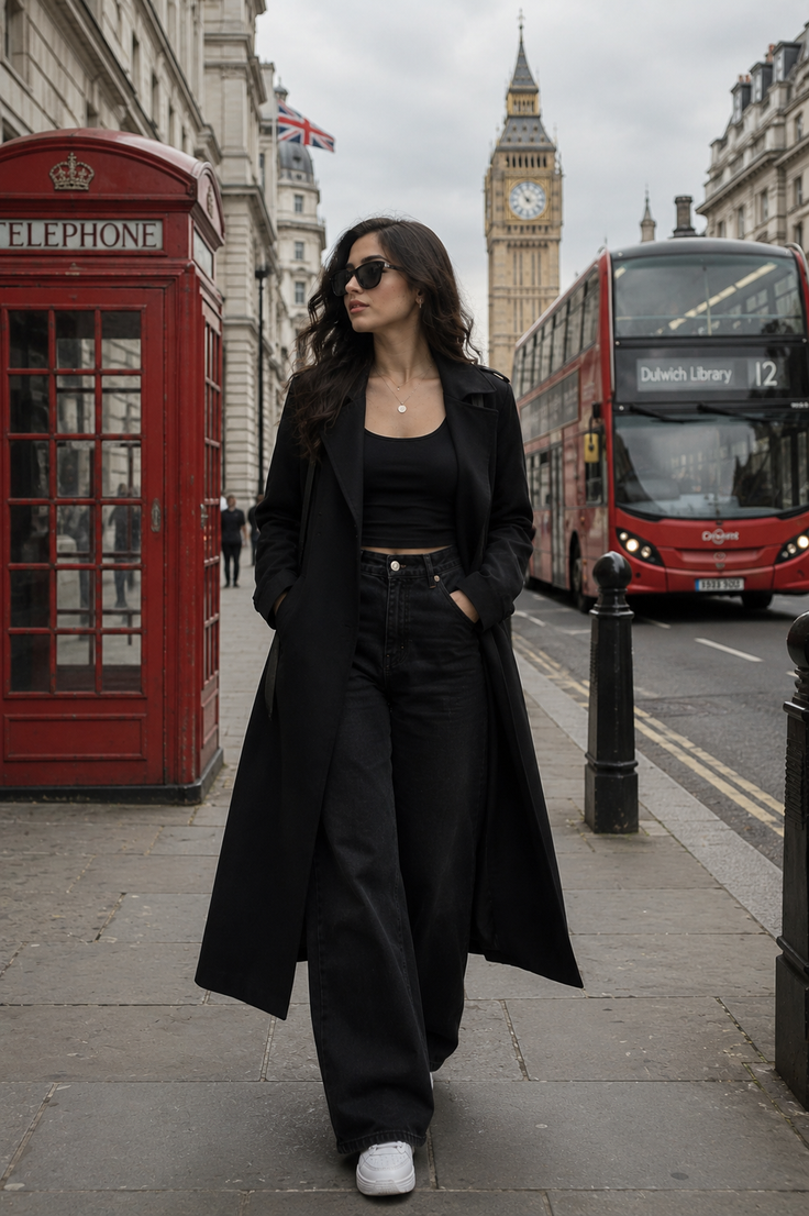 Woman in a black coat and sunglasses walking on a London street with a red telephone booth and Big Ben in the background