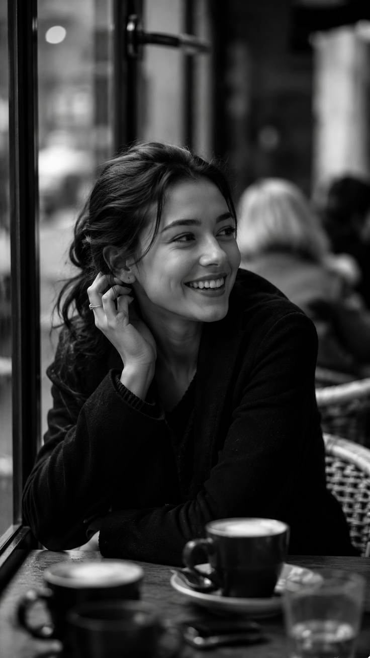 Smiling woman with long hair in a cafe, black and white photograph
