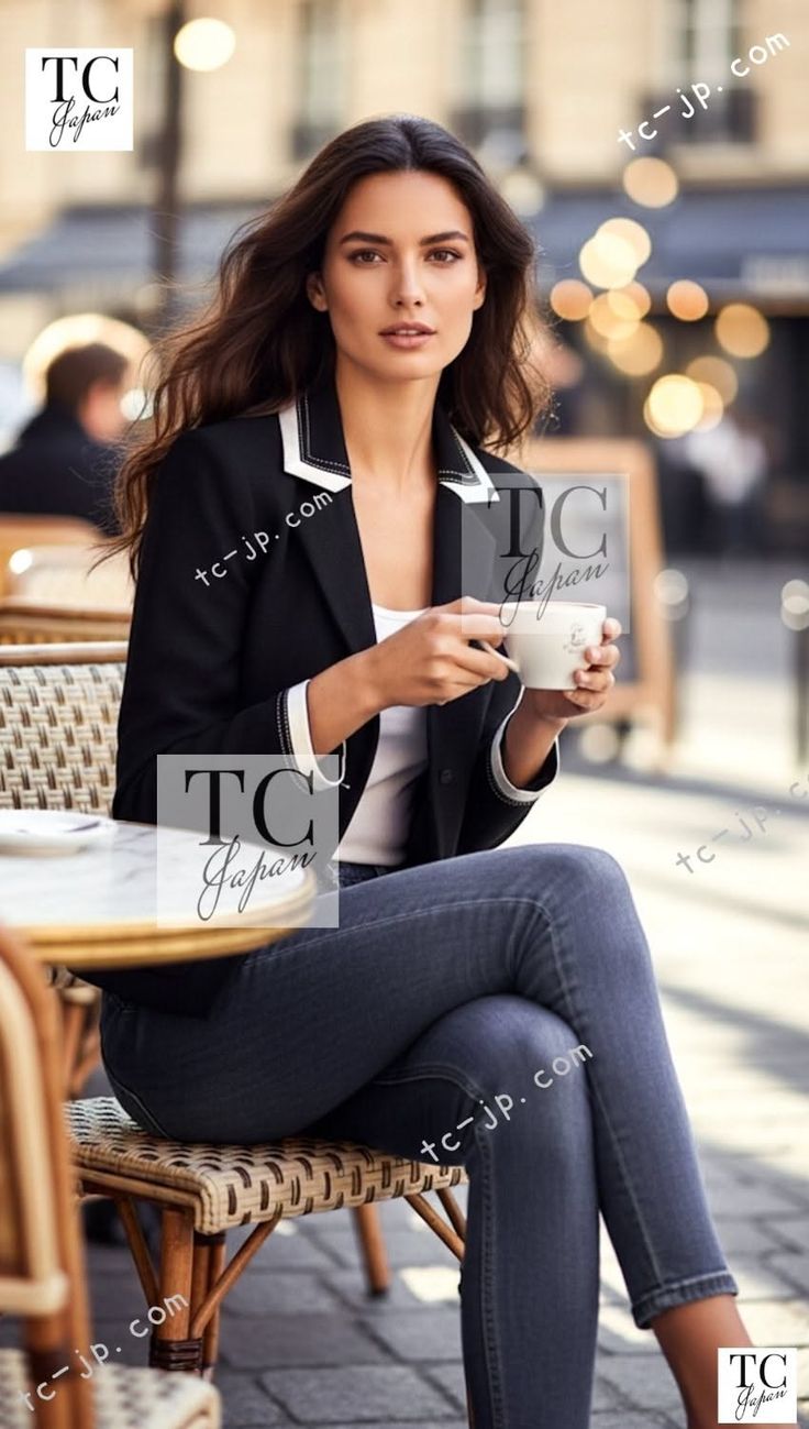 Woman with long hair in a black blazer and jeans sitting at an outdoor cafe