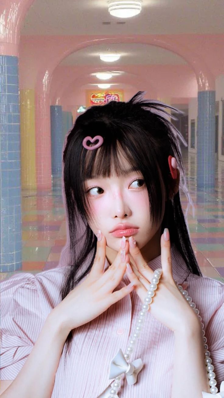 Woman with long black hair and pink blush holding a pearl necklace indoors