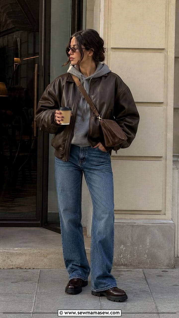 Woman in a brown leather jacket and blue jeans holding a coffee cup outdoors