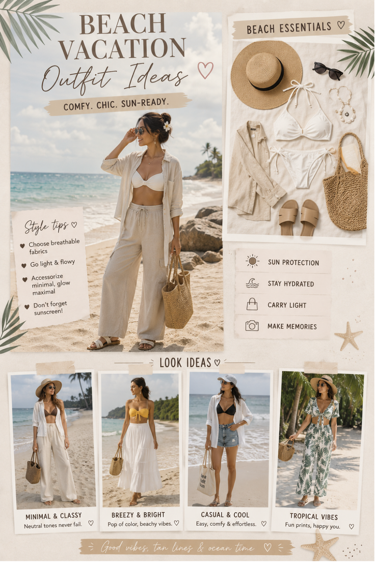 Woman in a bikini and linen outfit on a tropical beach