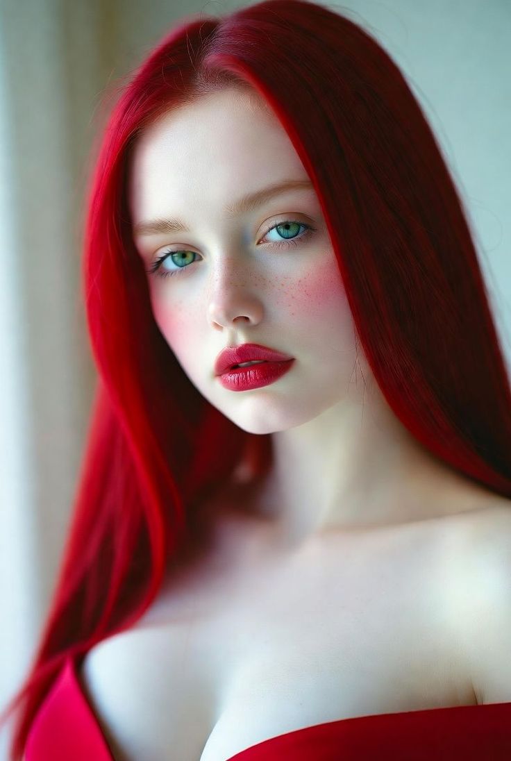 Woman with long red hair, green eyes, and red lipstick wearing a red top