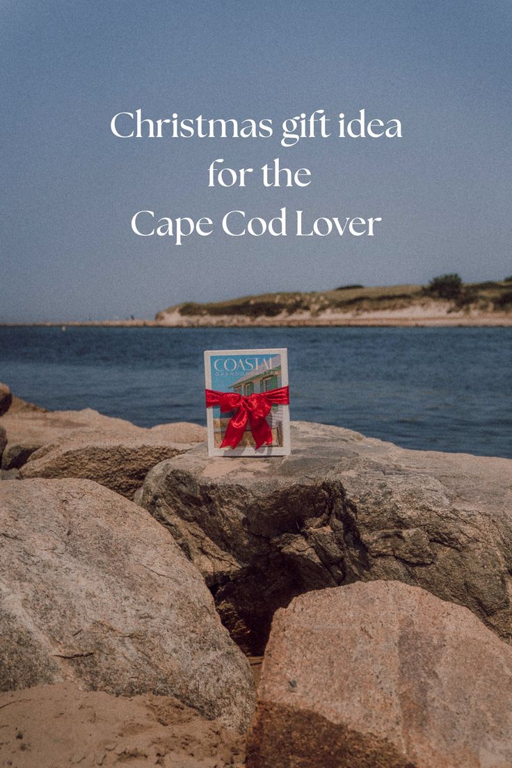 Gift box with a red ribbon on a rocky shore with the ocean in the background