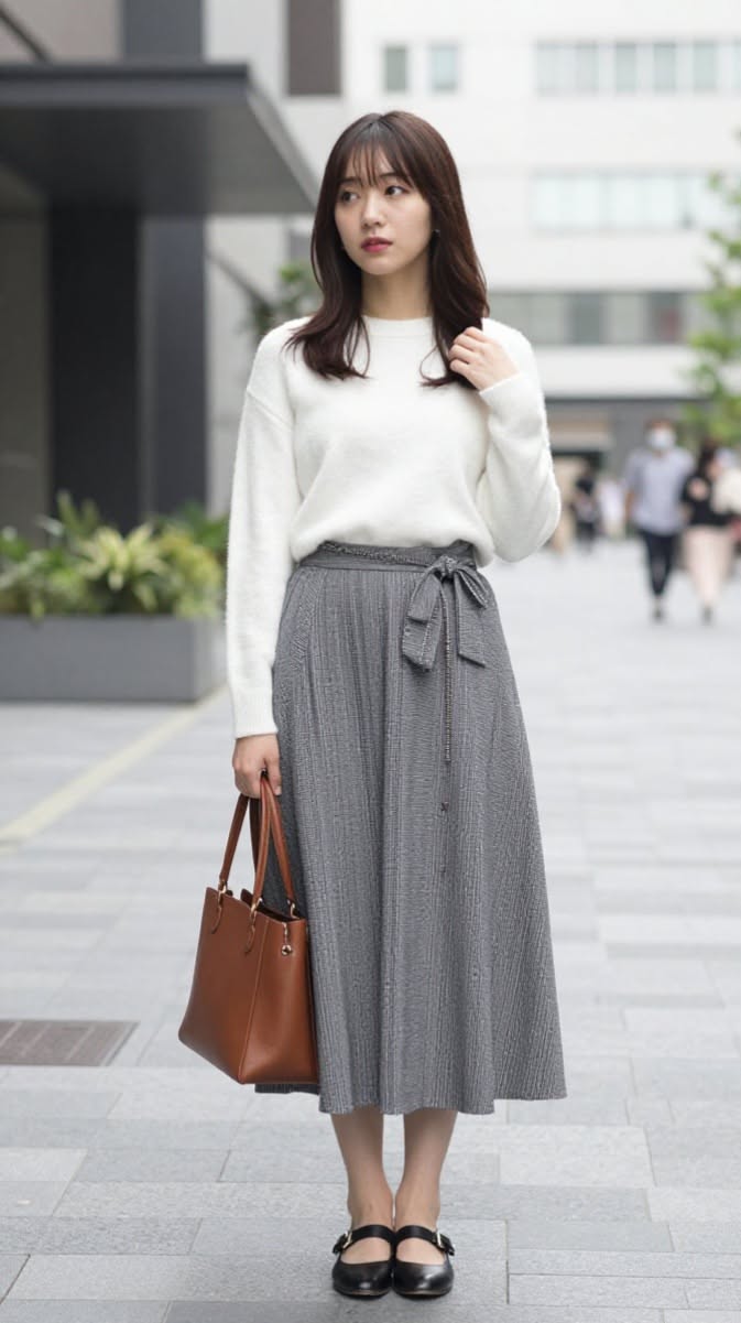 Woman in a white sweater and gray midi skirt holding a brown handbag outdoors