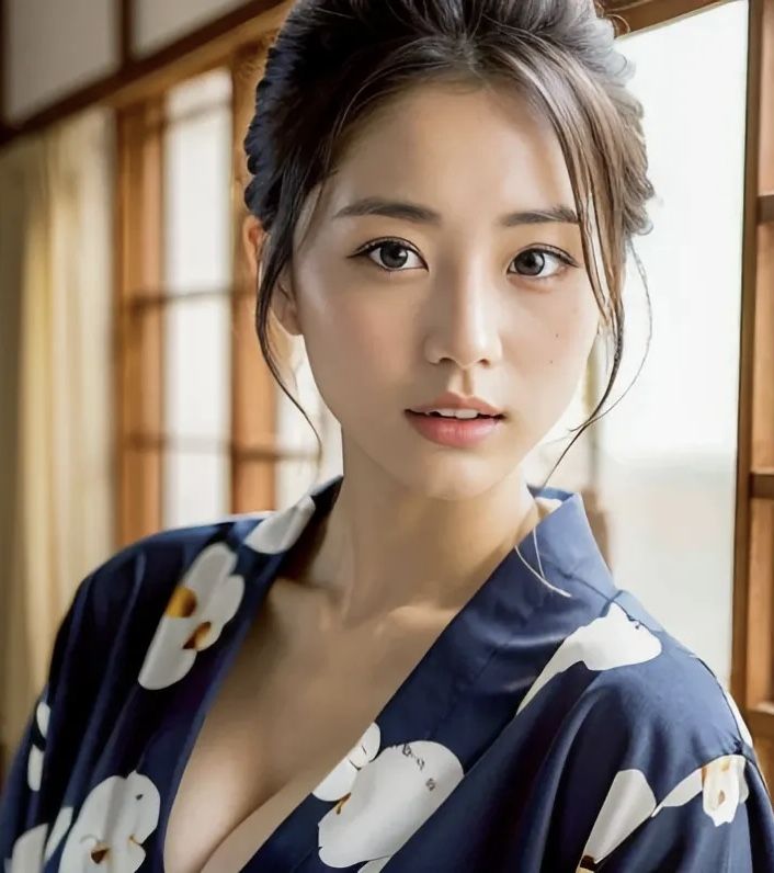 Woman in a blue yukata with white floral patterns, showing cleavage
