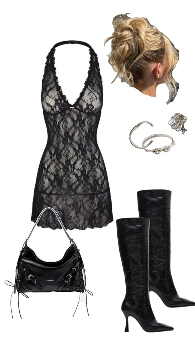 Fashion flat lay with a black lace dress, boots, handbag, and jewelry