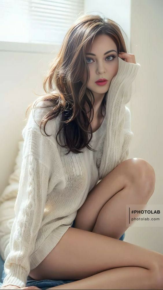 Woman in a white sweater with exposed skin posing indoors