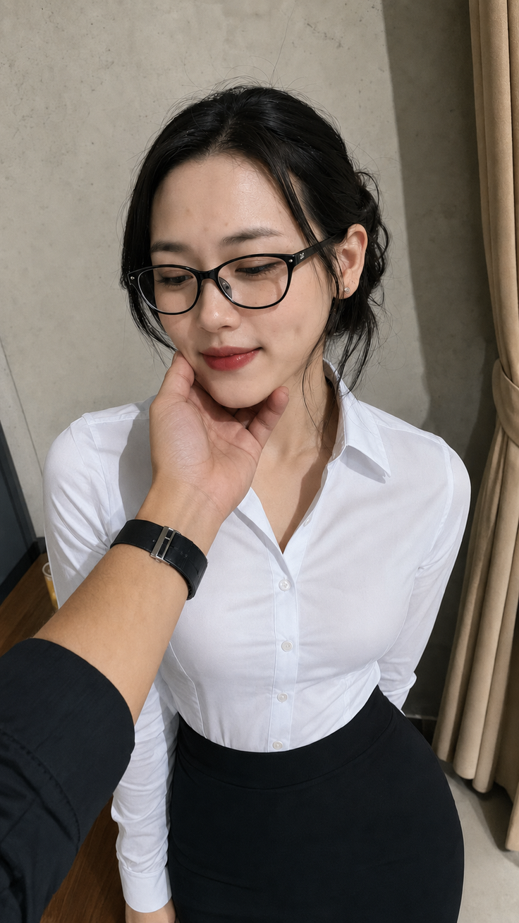 Woman in a white shirt and black skirt with a hand touching her chin