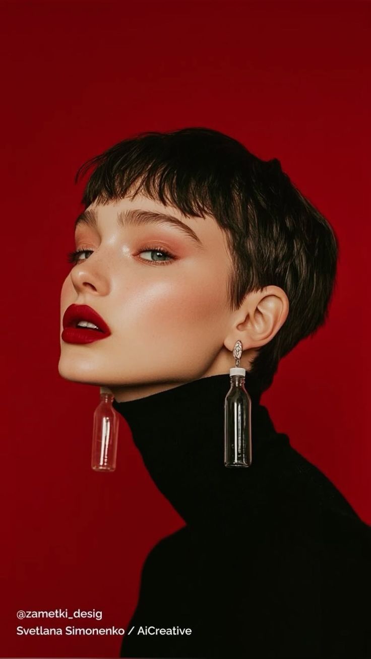 Woman with short hair and red lipstick wearing bottle earrings against a red background
