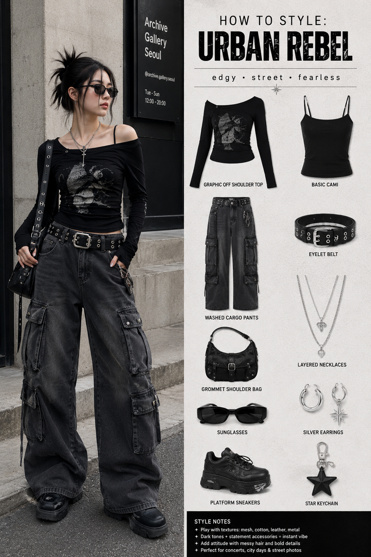 Woman in an urban rebel outfit with an off-shoulder top and cargo pants