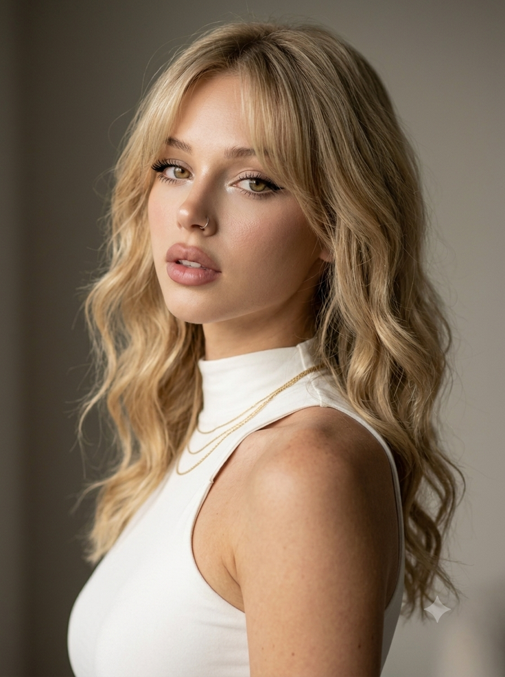 Woman with blonde hair and a nose ring wearing a white top and layered necklace