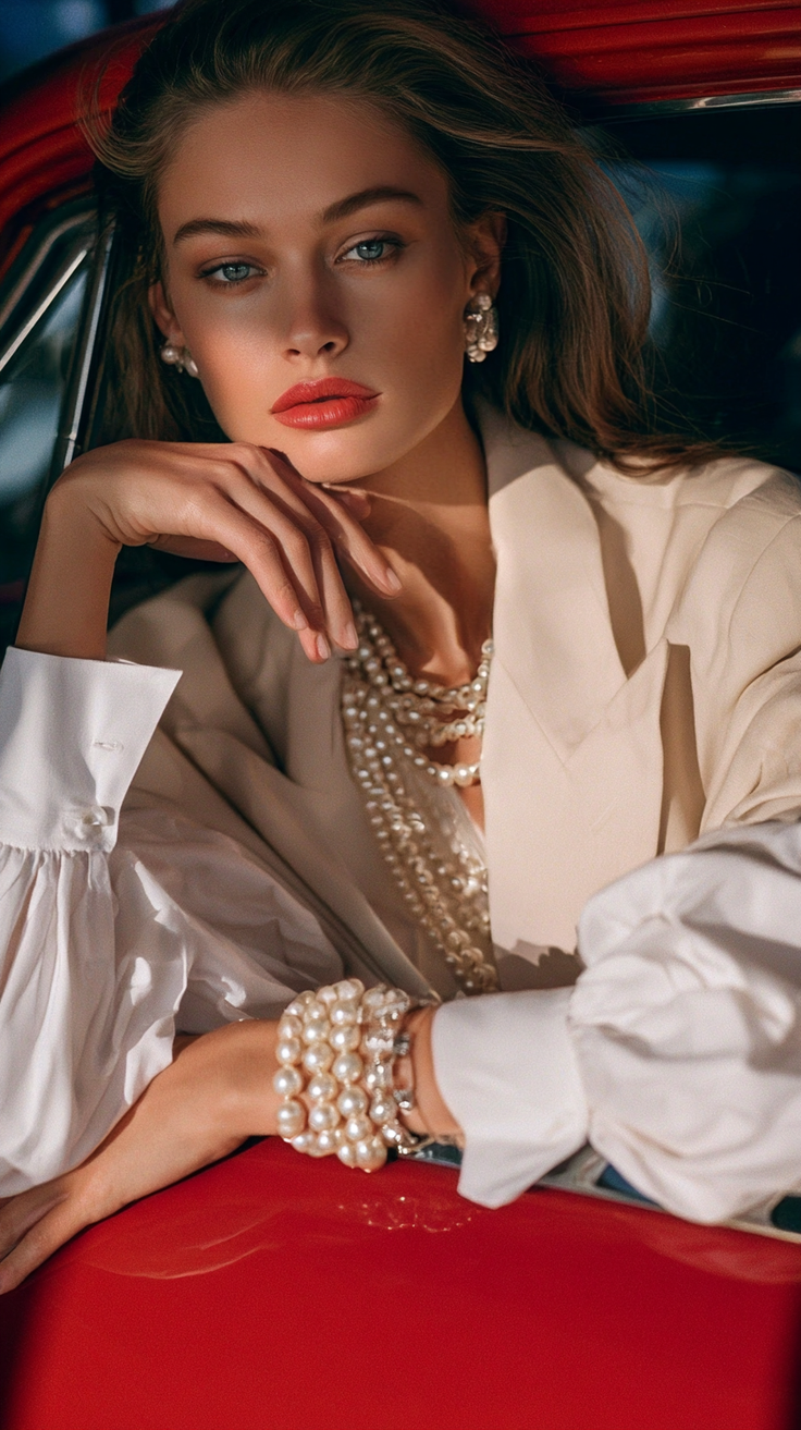 Woman with long hair and red lipstick wearing pearls and a blazer
