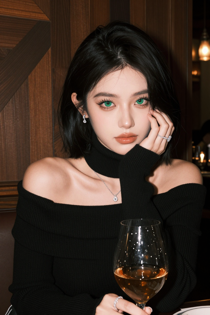 Woman with green eyes and black hair in an off-shoulder top holding a wine glass