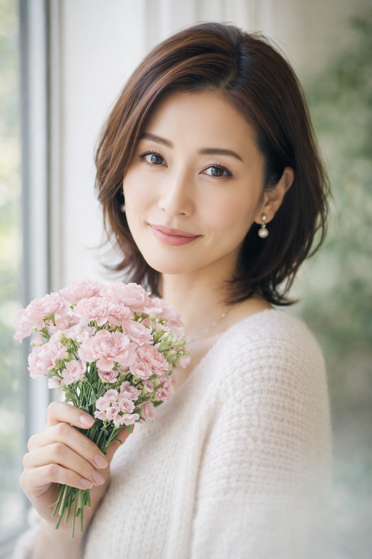 Woman with short hair holding a bouquet of pink flowers, smiling softly