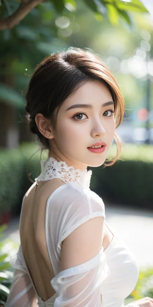 Woman in a white dress with an open back and lace collar outdoors