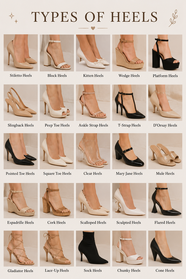 A grid displaying different types of high heels with their names