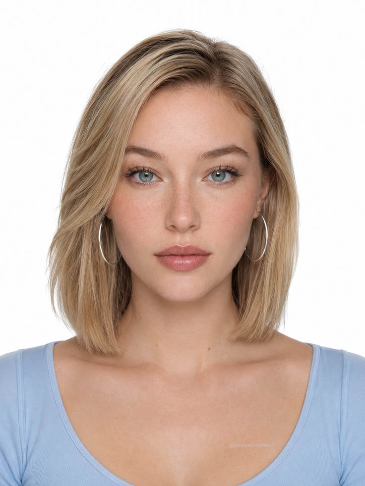Woman with blonde hair and blue eyes wearing a light blue top and hoop earrings