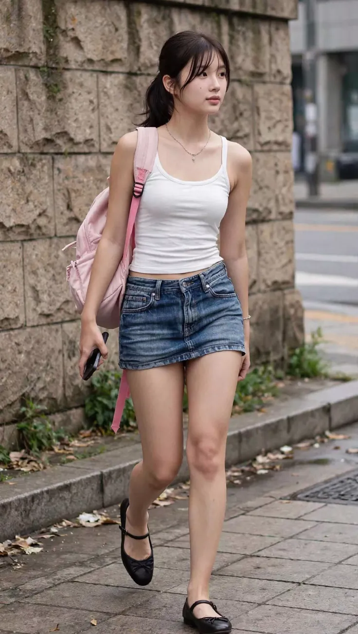 Woman in a white tank top and denim skirt walking on a street
