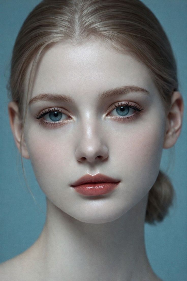 Close-up portrait of a woman with blonde hair and blue eyes against a blue background