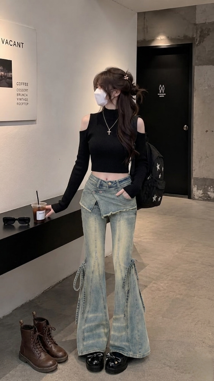 Woman in a black crop top and flared jeans with a face mask indoors