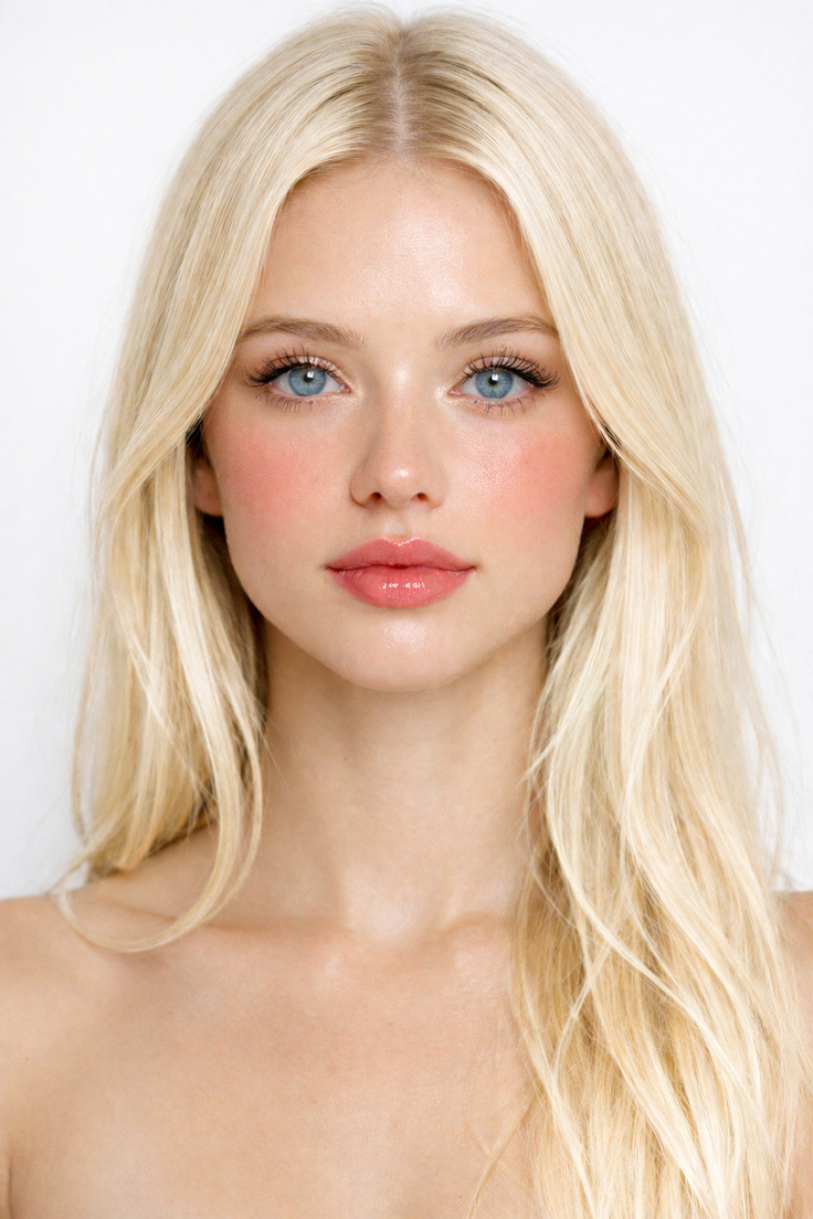 Blonde woman with blue eyes and pink blush looking directly at the camera