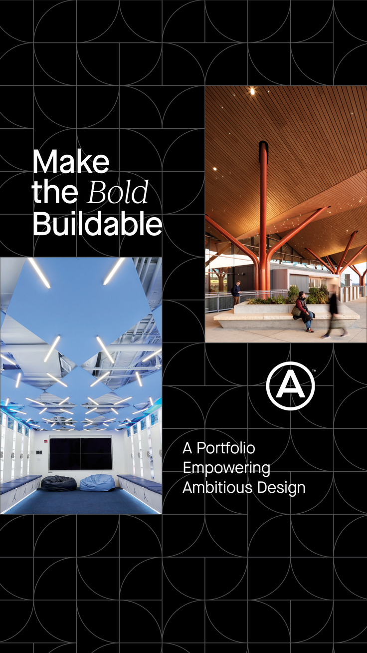 Collage of architectural images with text and a geometric background