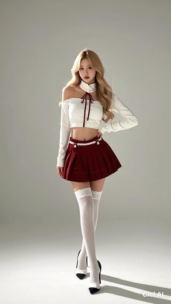 Woman with blonde hair in a crop top and pleated skirt with thigh-high socks