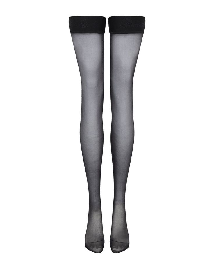 Pair of sheer black knee-high stockings on a white background