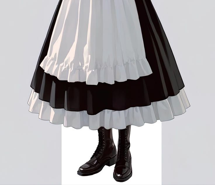 Lower half of a person in a black and white maid dress with combat boots