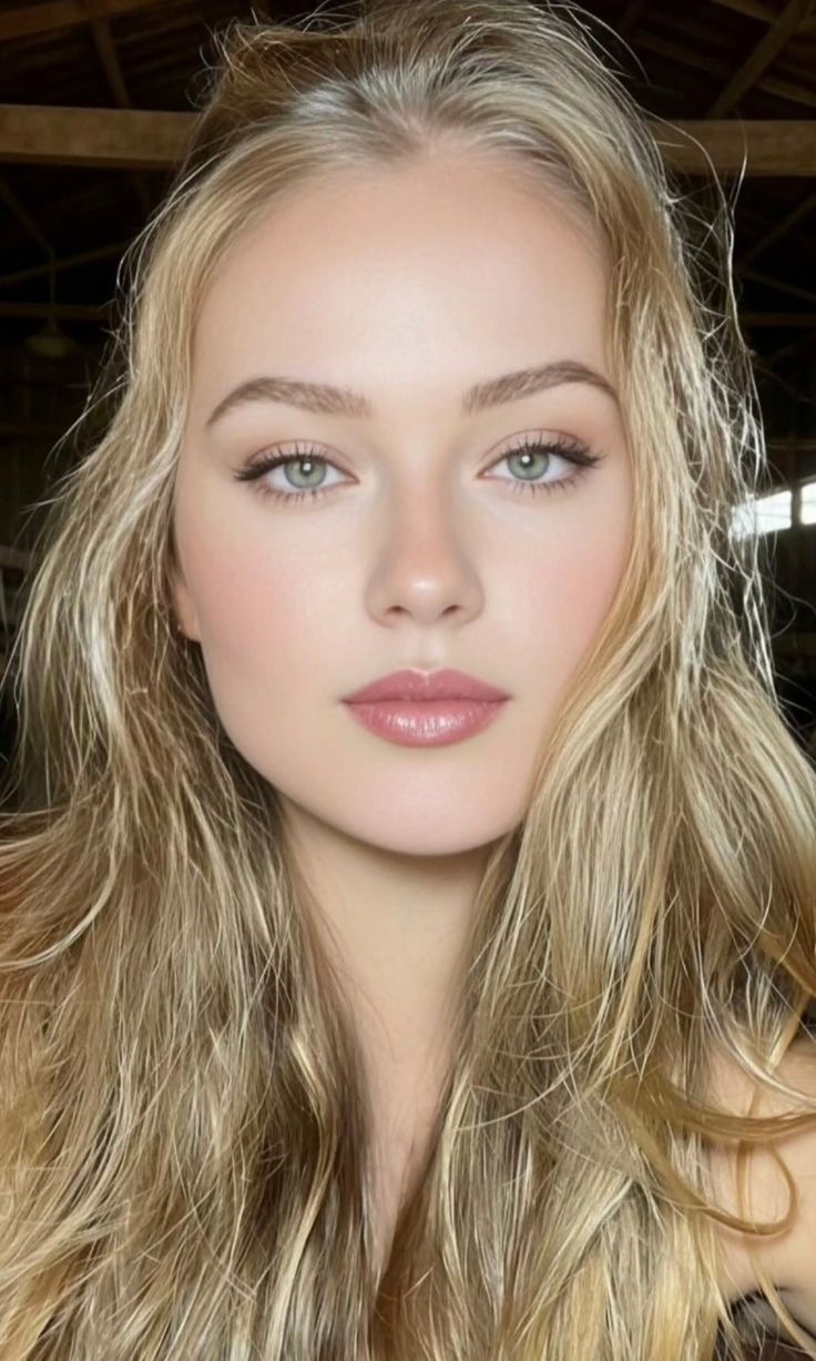 Close-up portrait of a woman with long blonde hair and green eyes