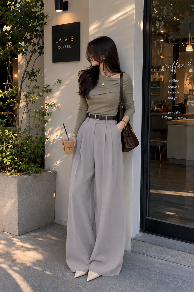Woman in a long sleeve top and wide leg pants outside a coffee shop