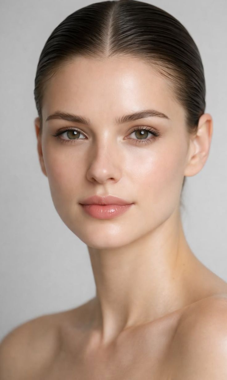 Woman with slicked back brown hair and natural makeup in a studio portrait